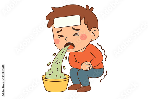 Child Suffering from Sickness Vomiting into Basin with Fever Patch