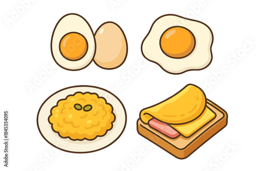 Cooked and raw eggs with ham and cheese toast icons