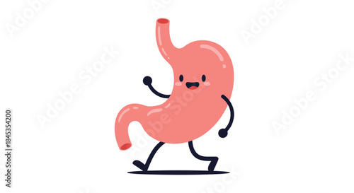 A cheerful cartoon stomach character is walking with arms and legs, representing digestive health and wellness in a playful illustration.