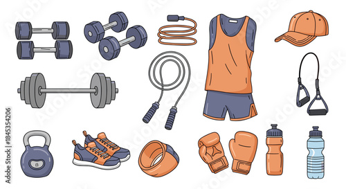 Colorful hand-drawn illustration of various fitness and workout equipment including dumbbells, barbell, jump rope, sportswear, and water bottles.