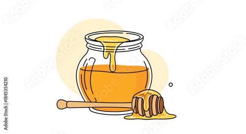 A charming illustration of a glass jar filled with golden honey, a wooden dipper resting on the side, and dripping honey, evoking sweetness and natural goodness.