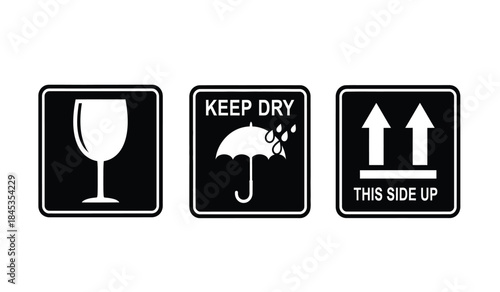 A set of three black and white shipping symbols is displayed depicting a fragile glass keep dry warning and an upwards orientation indicator