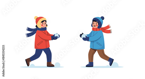 Two cheerful children playfully throwing snowballs at each other during a winter day, enjoying a fun outdoor activity in warm clothing.