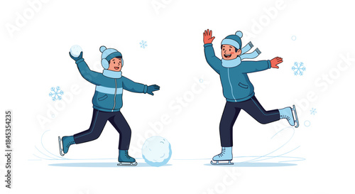 Two cheerful children ice skating and playing a snowball fight on a winter day, enjoying the snowy weather and outdoor activities together.