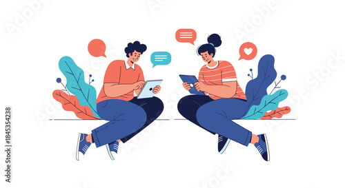 Two young adults are connecting and interacting with each other through digital devices while sitting outdoors, enjoying a casual moment of social connection.