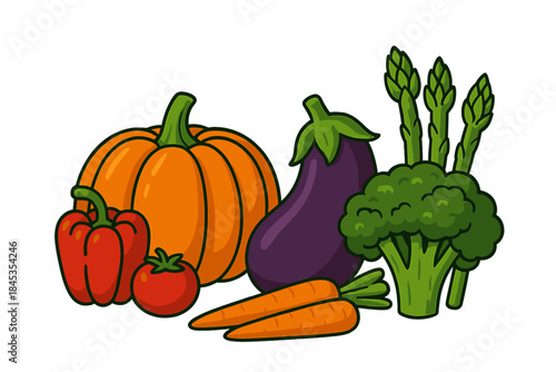 Assortment of fresh garden vegetables including pumpkin eggplant and broccoli