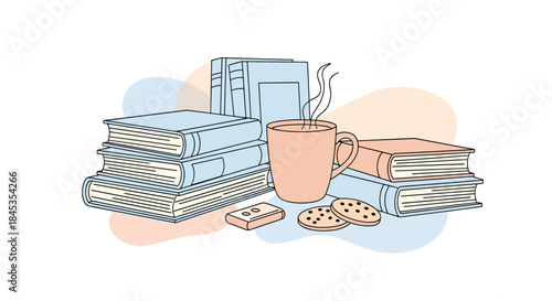 A cozy still life featuring stacks of books, a warm beverage in a mug, cookies, and a small eraser, evoking a peaceful reading atmosphere.
