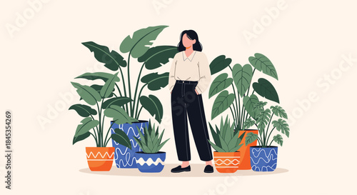 A young woman stands proudly amongst a lush collection of vibrant houseplants in decorative pots, creating a calming indoor garden aesthetic.
