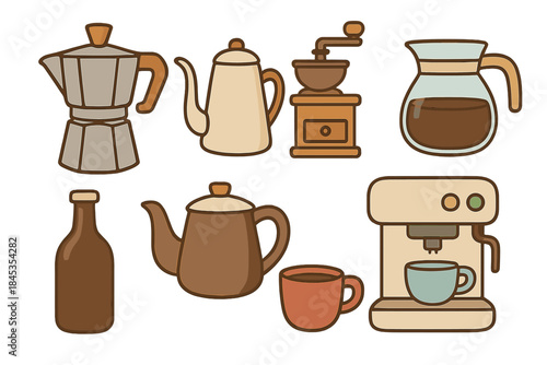 Various coffee preparation tools and serving cups icons collection