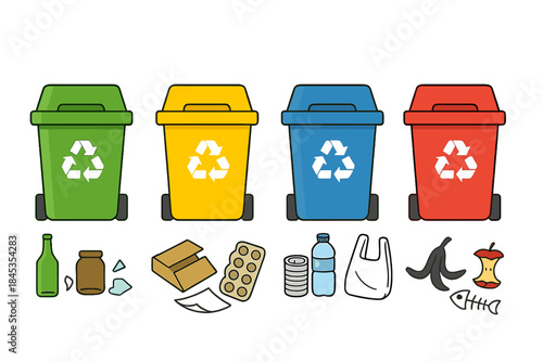 Four colored recycling bins with sorted waste materials icons