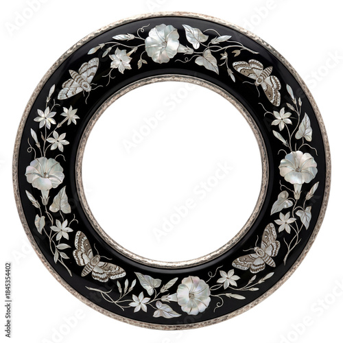 Antique black lacquer circular frame with intricate mother-of-pearl inlay of flowers and butterflies. Ornate design element isolated on a transparent background.