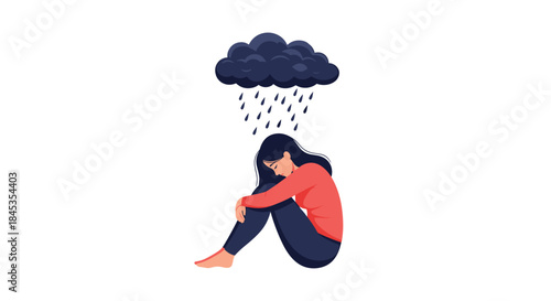 A woman sits with her knees drawn up to her chest, head bowed in sadness as rain falls from a dark cloud above her, symbolizing depression or grief.