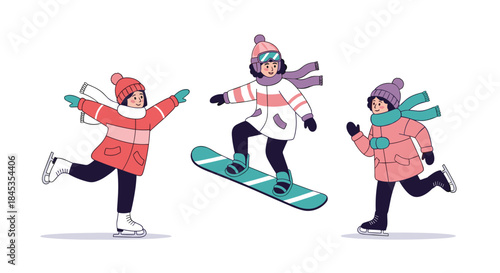 Cheerful children enjoying winter sports - ice skating and snowboarding - in colorful warm clothing, creating a joyful seasonal scene.