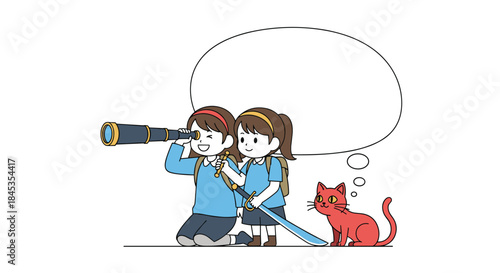 Two young girls on an adventure, one looking through a telescope while the other holds a toy sword, with a curious orange cat nearby.