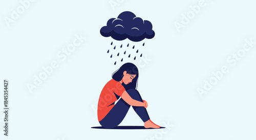 A woman sits with her knees drawn up to her chest, head bowed under a dark rain cloud, symbolizing sadness, depression, and emotional distress.
