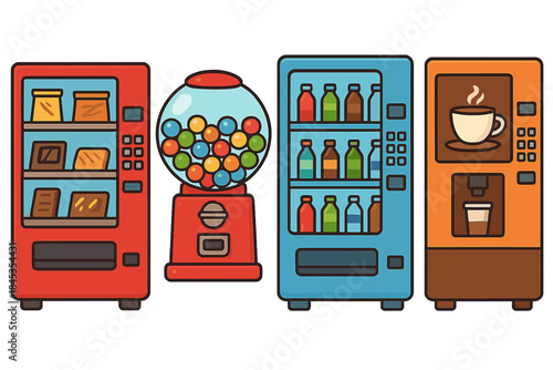 Colorful assortment of snack and beverage vending machines displayed side by side