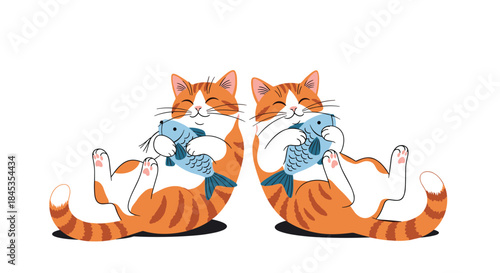 Two adorable ginger tabby cats are happily embracing large blue fish, looking content and relaxed in a playful illustration style.