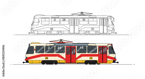 Detailed side and front views of a vintage yellow and red tramcar with numbered windows and a pantograph, showcasing urban public transportation design.