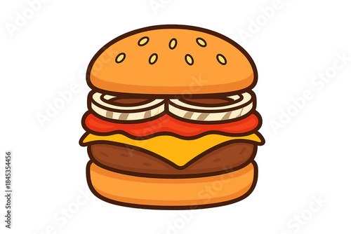 Stylized cheeseburger with sesame seed bun and fresh vegetable toppings