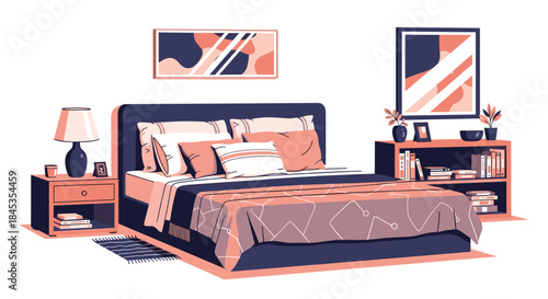 A cozy and stylish bedroom interior featuring a dark blue bed with peach and gray bedding, bedside tables, and abstract artwork on the walls.