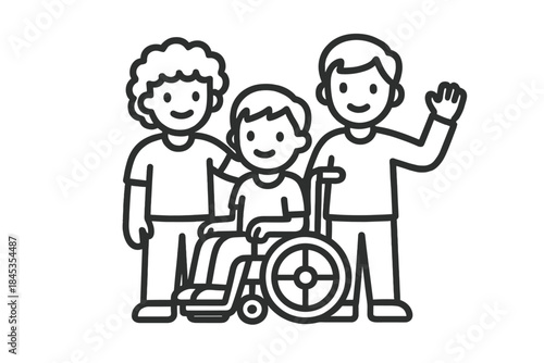 Outline icons of diverse group of people including child in wheelchair