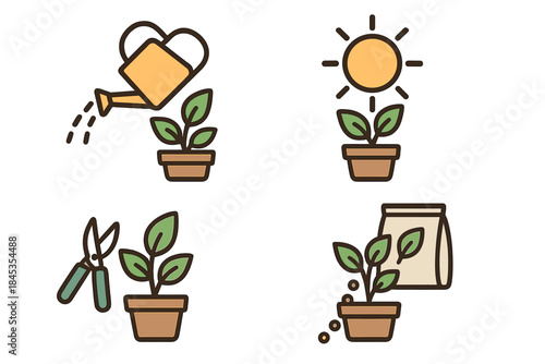 Essential potted plant care steps icons for watering sun pruning and feeding