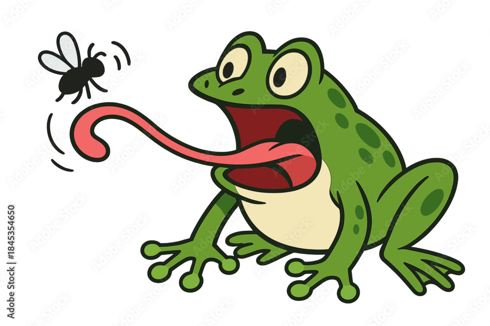 Fototapeta premium Cartoon frog uses long tongue to catch a small fly