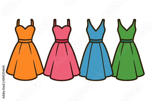 Collection of four colorful flared summer dresses with thin straps and V-necks