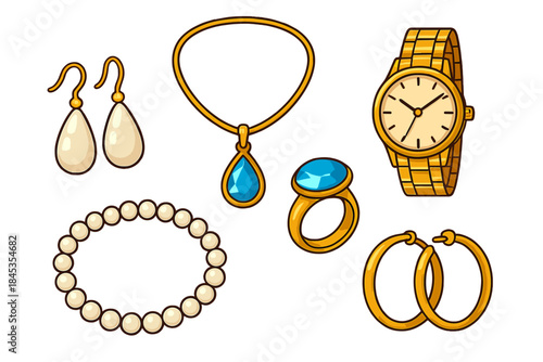 Golden jewelry assortment with pearls and blue gemstones