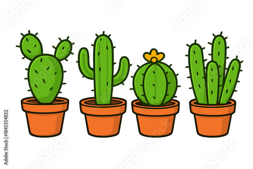 Four different potted cartoon cactus plants with various shapes