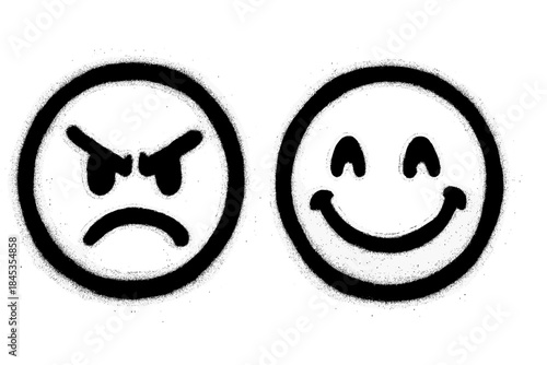 Angry and happy smiley face icons with rough spray paint texture