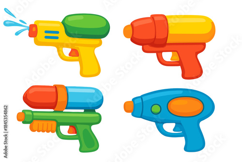 Colorful plastic water guns shooting streams of water