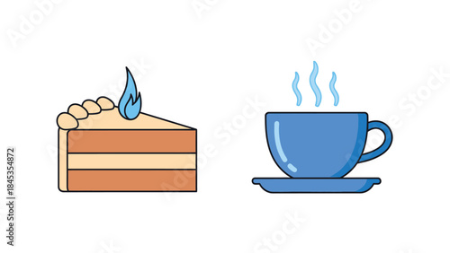 Vector illustration of Colorful cake and steaming hot cups of coffee on saucers with warm lighting