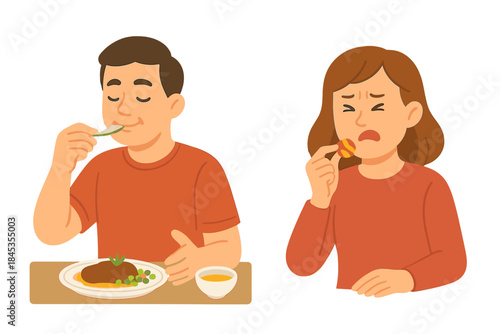 Man enjoys healthy meal while woman suffers from painful sore throat
