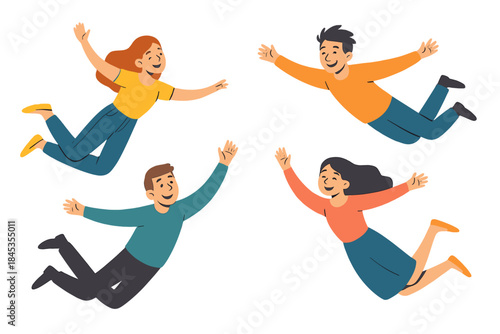 Four happy people flying or falling with arms outstretched