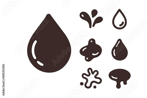 Collection of dark liquid drop and splash icons in various shapes