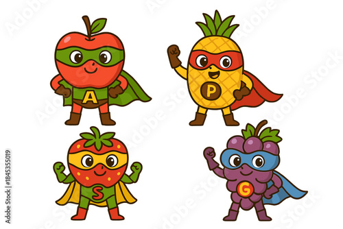 Adorable fruit superheroes featuring pineapple strawberry and grape characters