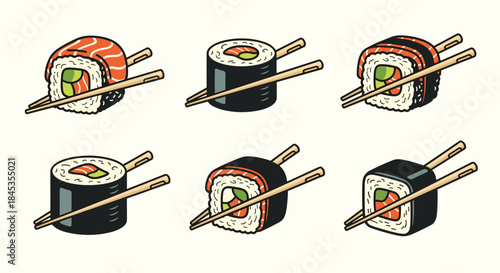 Six different types of sushi rolls with chopsticks on a light background.
