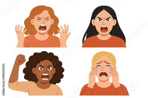 Set of diverse women expressing anger frustration and sadness emotions