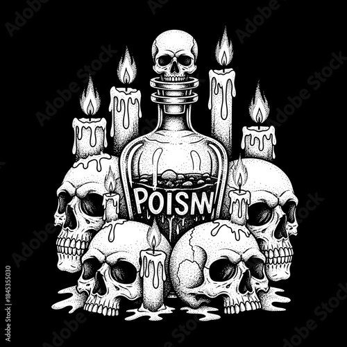 Gothic Poison Bottle Surrounded by Skulls and Candles.