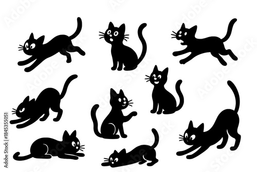 Playful black cat silhouettes in various dynamic poses