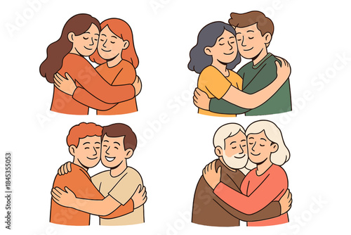 Diverse couples and family members embracing warmly in set of four