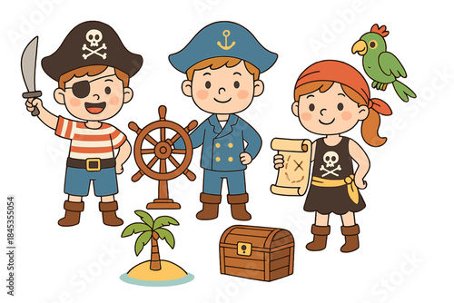 Cheerful group of children dressed as pirates holding map and accessories