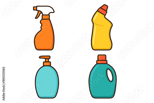 Colorful household cleaning and liquid soap dispenser icons set