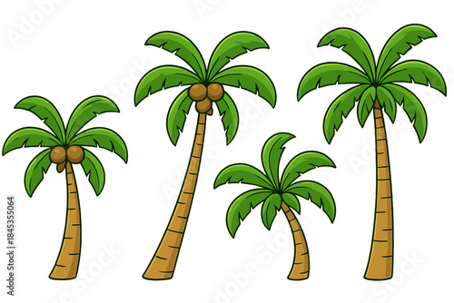 Four stylized coconut palm trees with green fronds and brown trunks