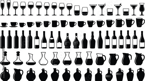 Black drinkware silhouettes collection, wine glasses bottles cups decanters, bar kitchen beverage icons set, minimal vector illustration style