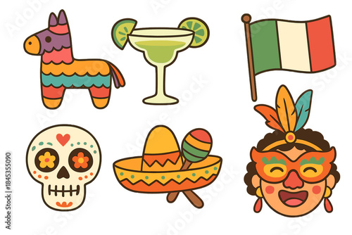 Vibrant icons set for Mexican holiday celebration featuring pinata and sugar skull