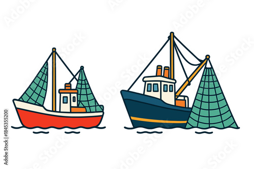 Two stylized fishing trawler boats with deployed nets on blue water