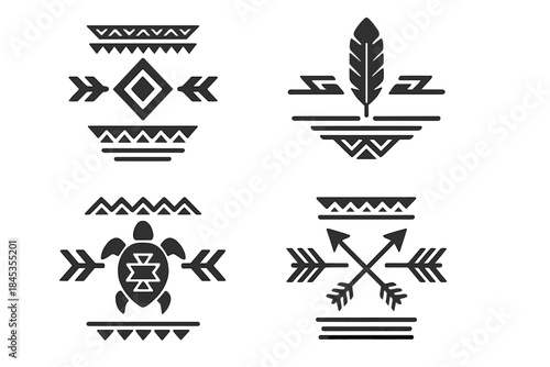 Tribal geometric decorative emblems featuring feather turtle and arrows