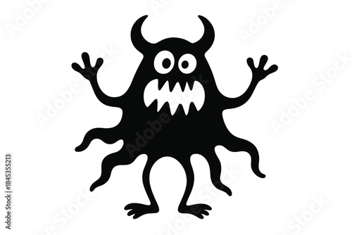 Stylized black silhouette of a scary horned monster with tentacles